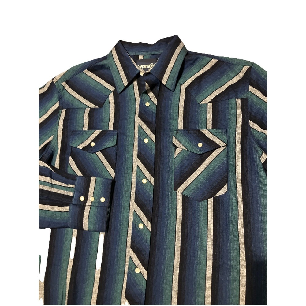 Wrangler Western Shirt Men Large Blue Stripe Pearl Snap Flannel Long Sleeve
